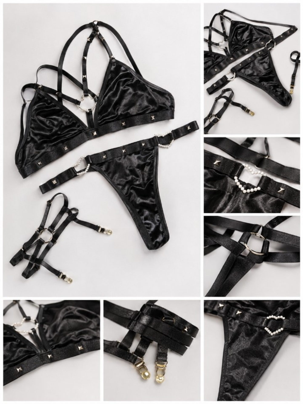 Hustler Hollywood Black Strappy Satin Lingerie Set with Studs & Pearl Accent